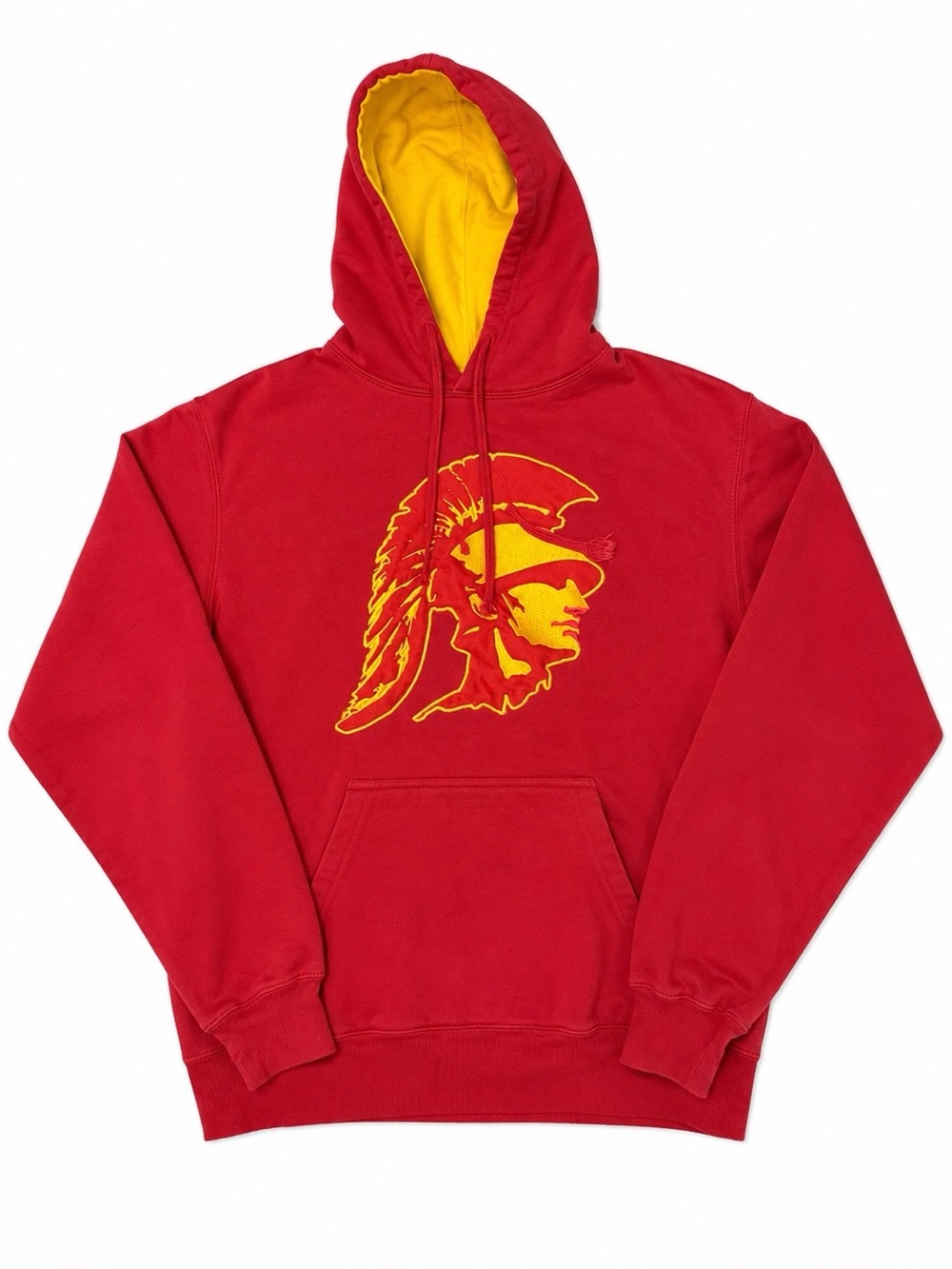 Red Men's Hoodie with Yellow Trojan Graphic